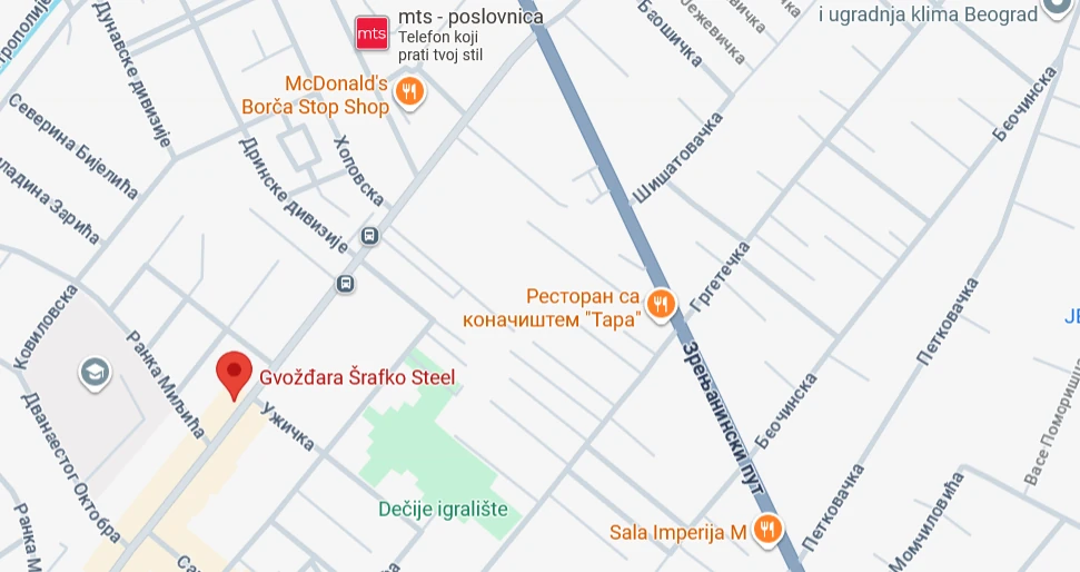Mapa sa označenom lokacijom Šrafko Steel u Borči